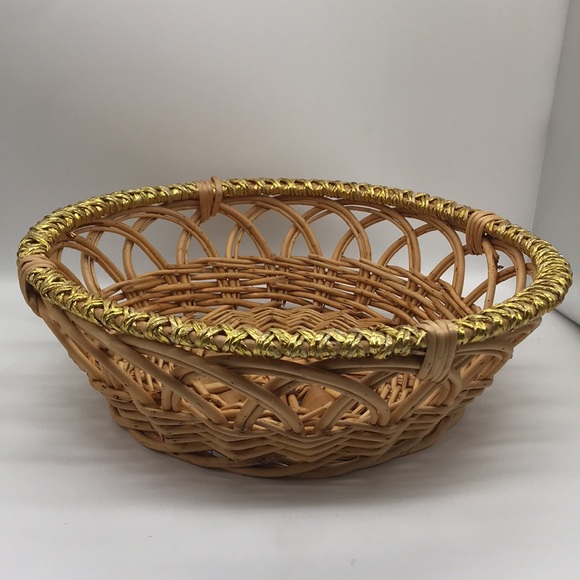 None Other - Basket Large Round Intricately Woven Table w/braided Gold Ribbon Trim